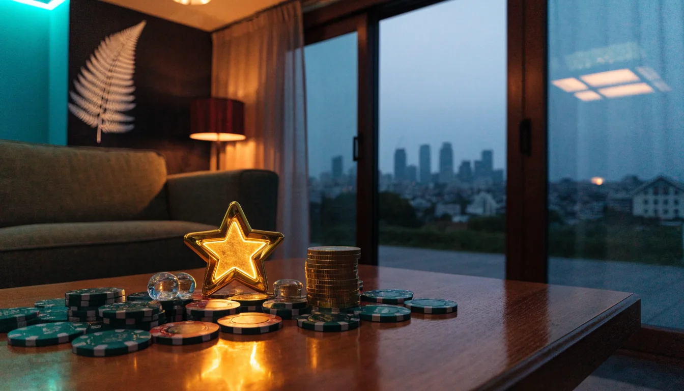 Casino chips and a glowing star token on a coffee table with Auckland skyline at dusk