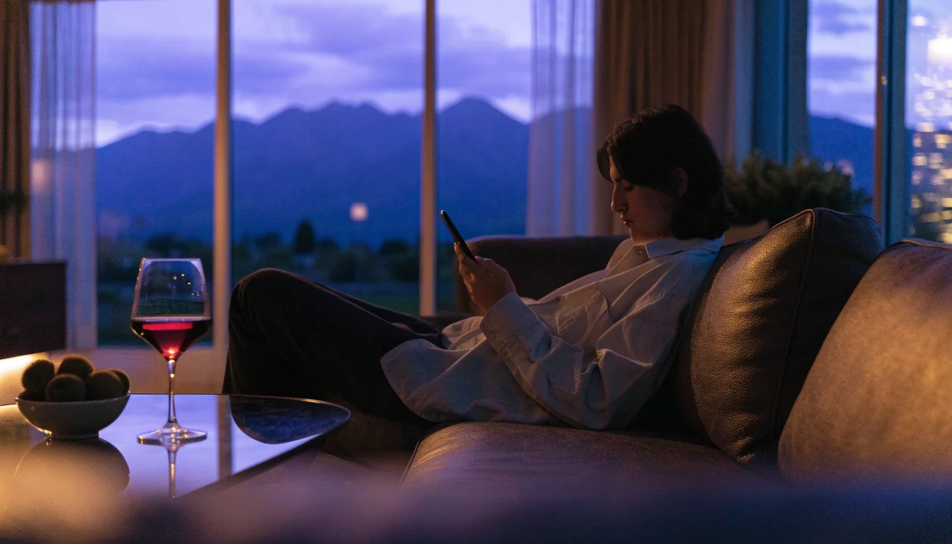 Person relaxing on sofa with smartphone in New Zealand home at dusk