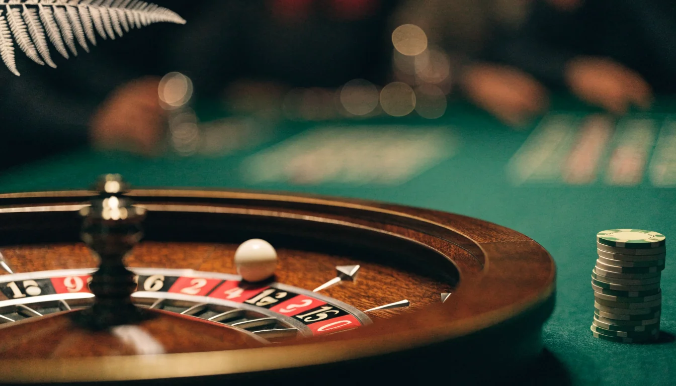 Roulette wheel with ivory ball and chips on green felt, warm cinematic lighting