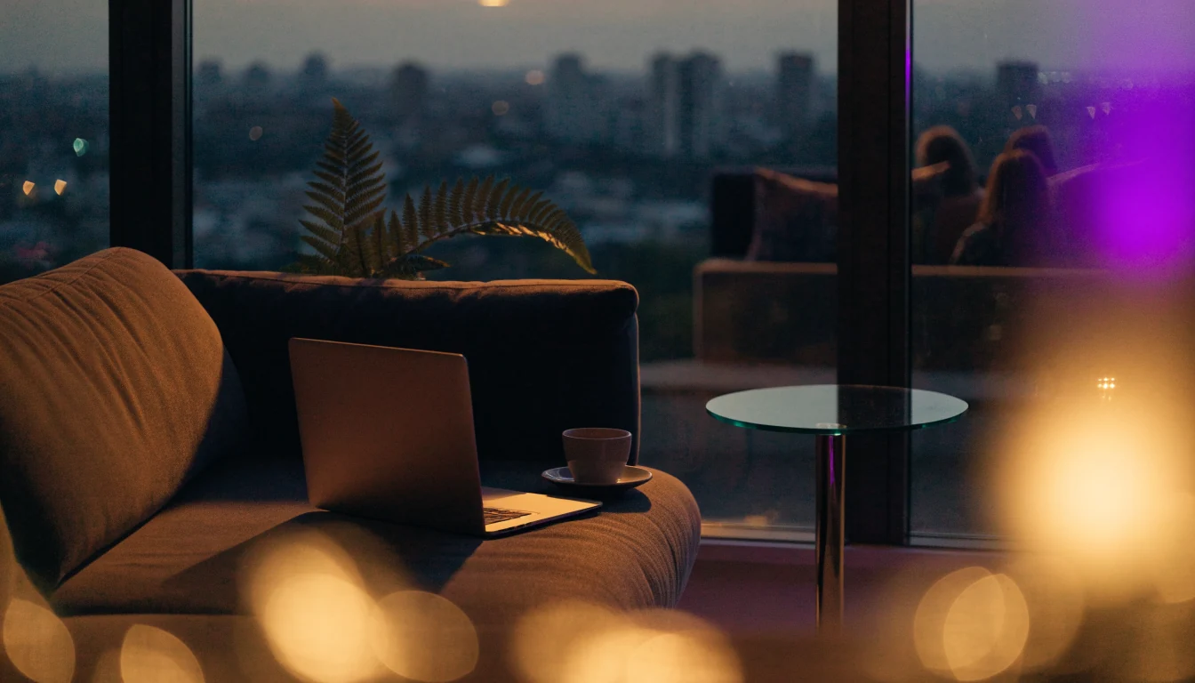 Cozy modern New Zealand living room with laptop and Auckland skyline at dusk