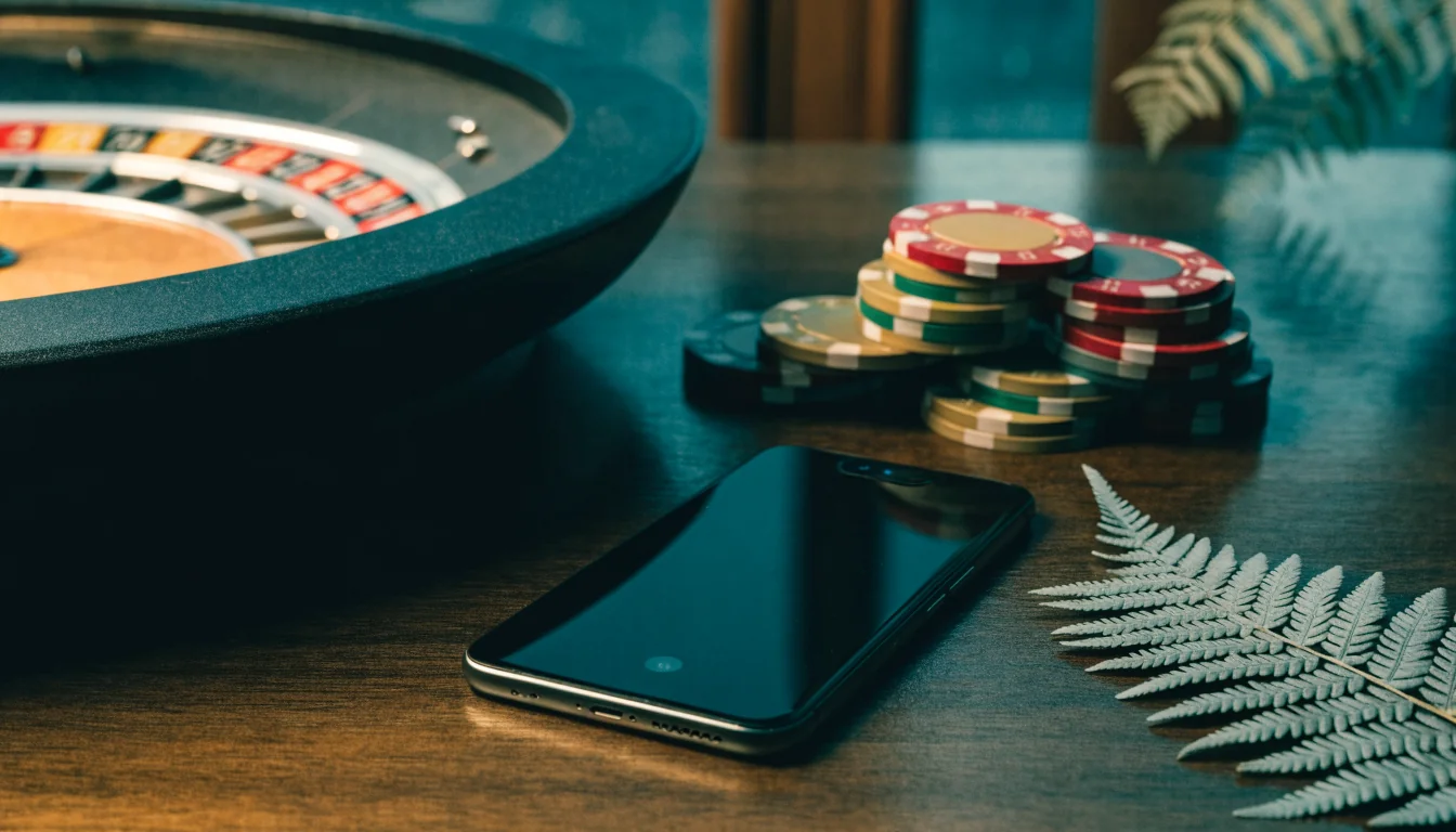 Smartphone, casino chips, roulette wheel, and silver fern on a dark table