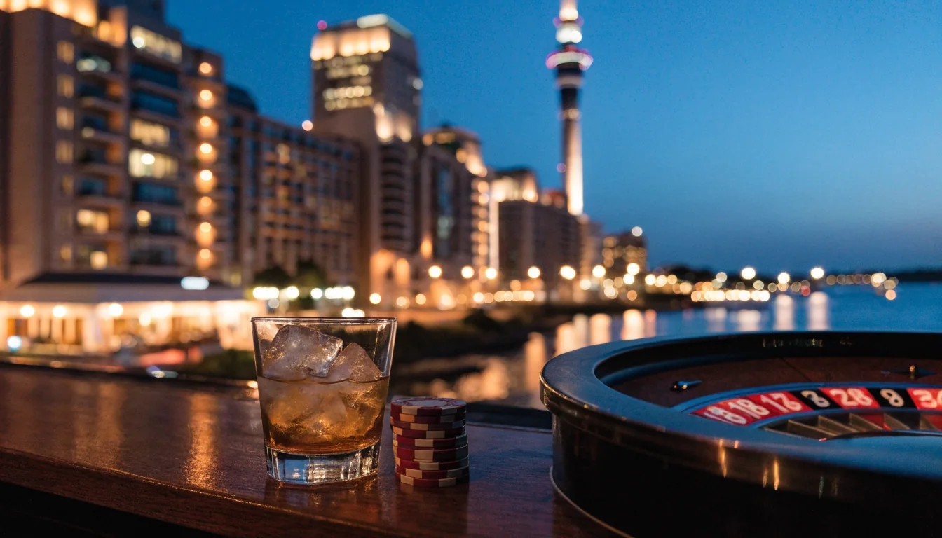 Auckland waterfront casino scene at dusk with Sky Tower, chips, and roulette wheel
