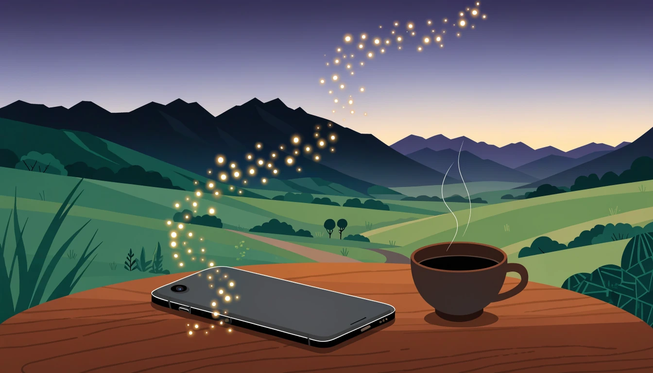 Stylized New Zealand landscape with glowing sparkles above a smartphone on a table.