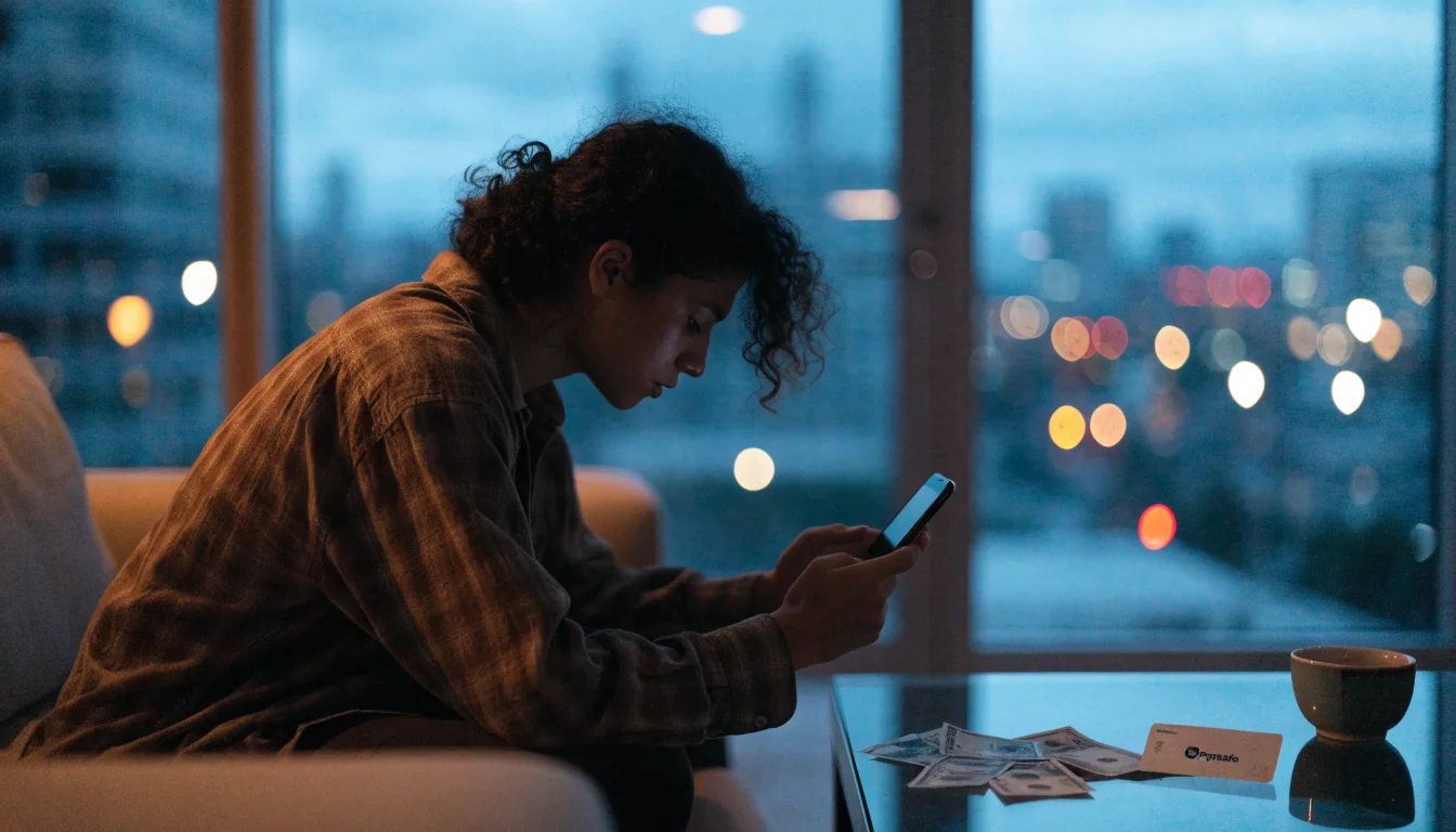 Person relaxing at home with smartphone, Paysafe card and New Zealand dollars on the table