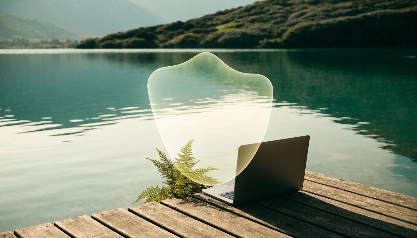 Closed laptop on a New Zealand lakeside dock with a translucent shield symbolizing privacy protection.
