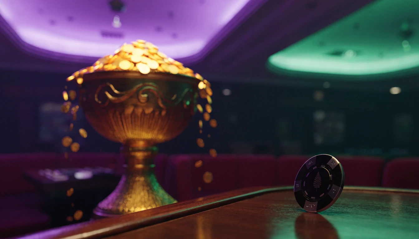 Golden jackpot trophy with coins on a casino table featuring a silver fern motif, New Zealand themed digital illustration