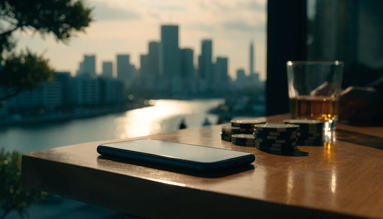 Smartphone on a table with casino chips, overlooking Auckland harbour at sunset