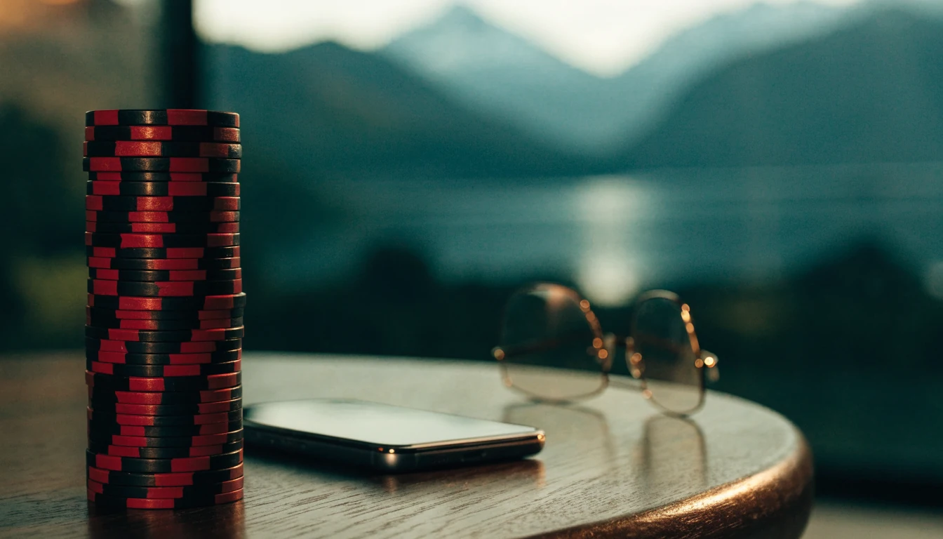 Stack of casino chips with New Zealand fern motif on a wooden table near a smartphone.