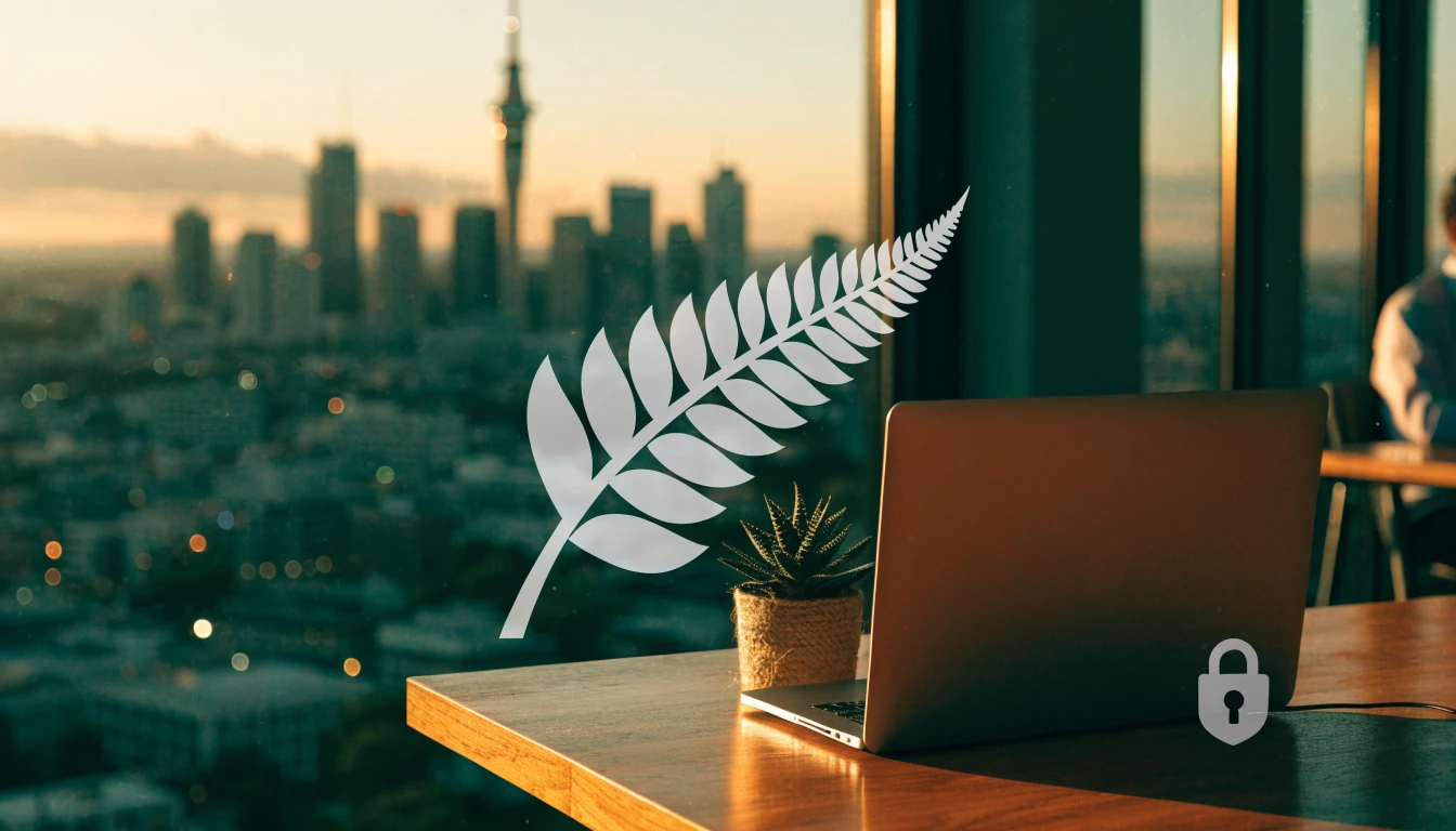 Auckland skyline with silver fern and padlock symbolising New Zealand's regulated online gambling in 2026