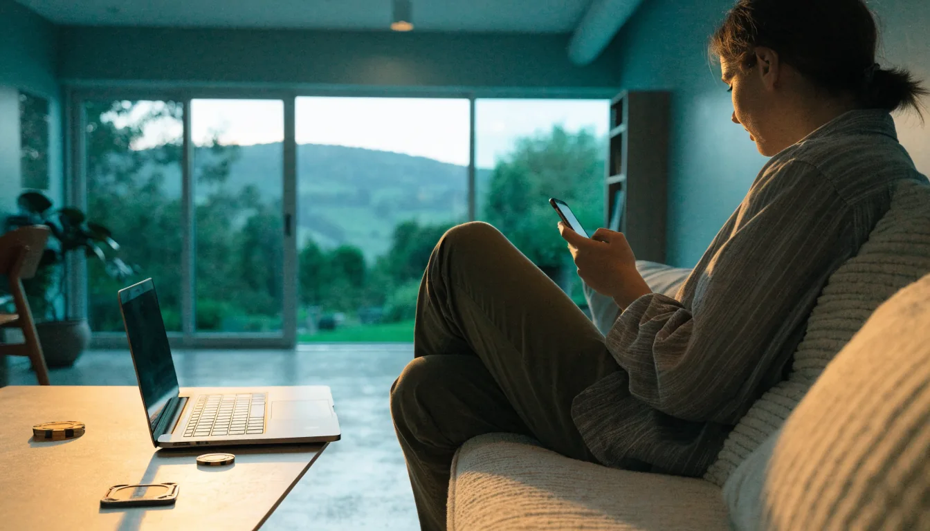 Person in New Zealand home holding smartphone next to laptop with casino chips on table