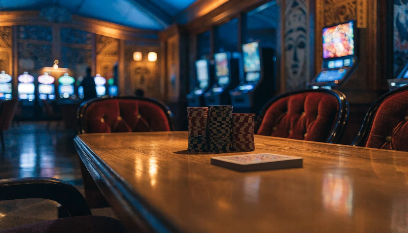 Stylish New Zealand casino lounge with chips, cards, and decorative interior