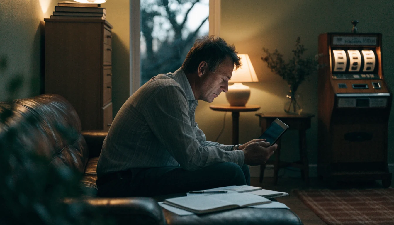 Man in New Zealand living room analyzing notes with a turned-away tablet, slot machine in background.
