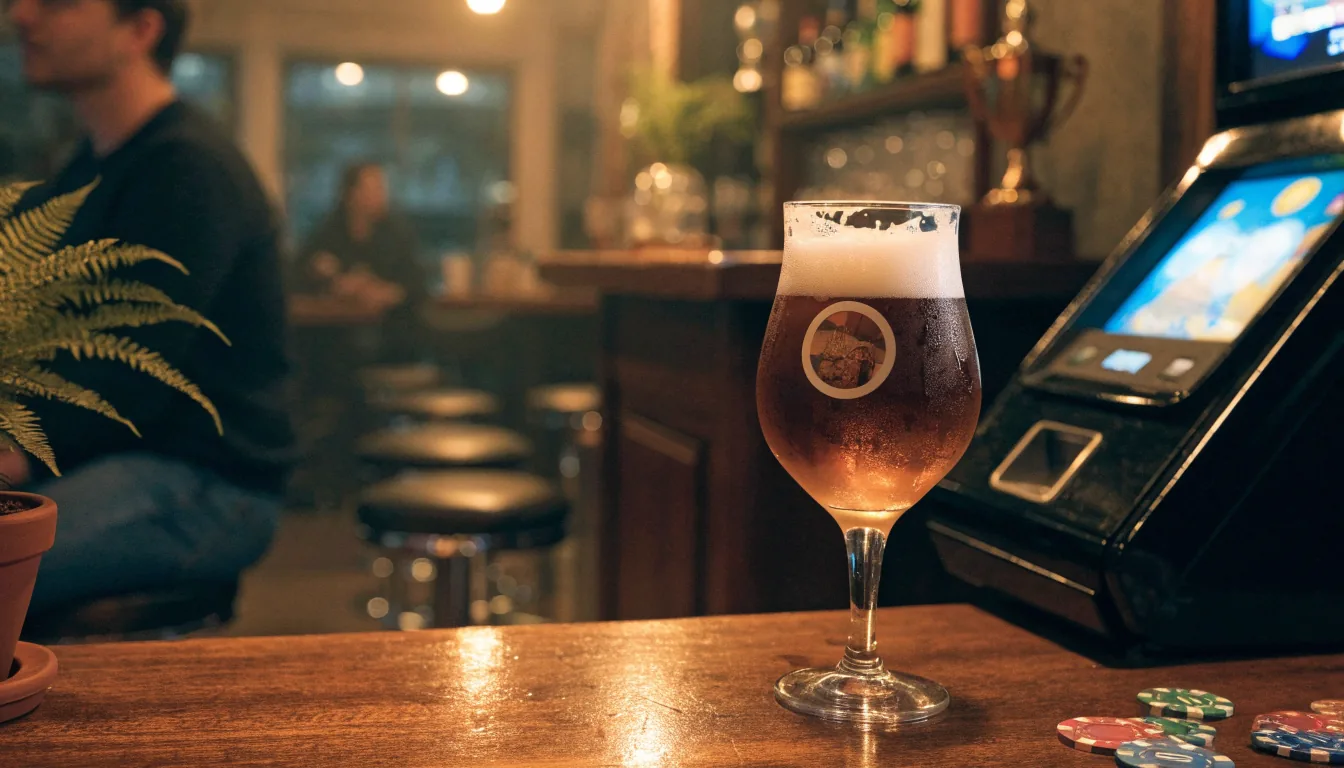 New Zealand pub with a glowing slot machine and casino chips on the bar
