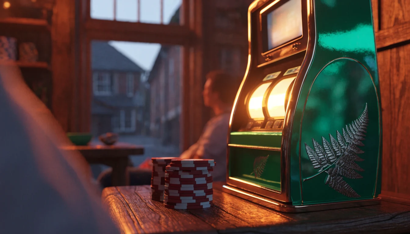 Glowing pokie machine in a New Zealand pub with silver fern detail