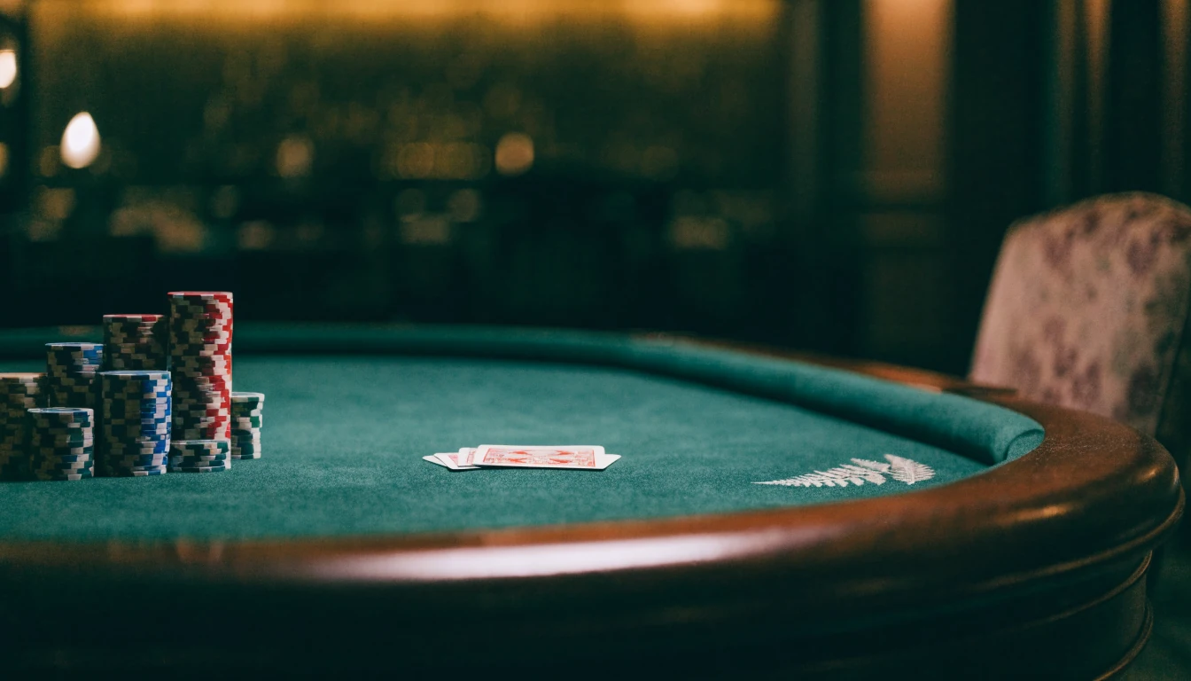 Empty blackjack table with chips and cards in a dim casino