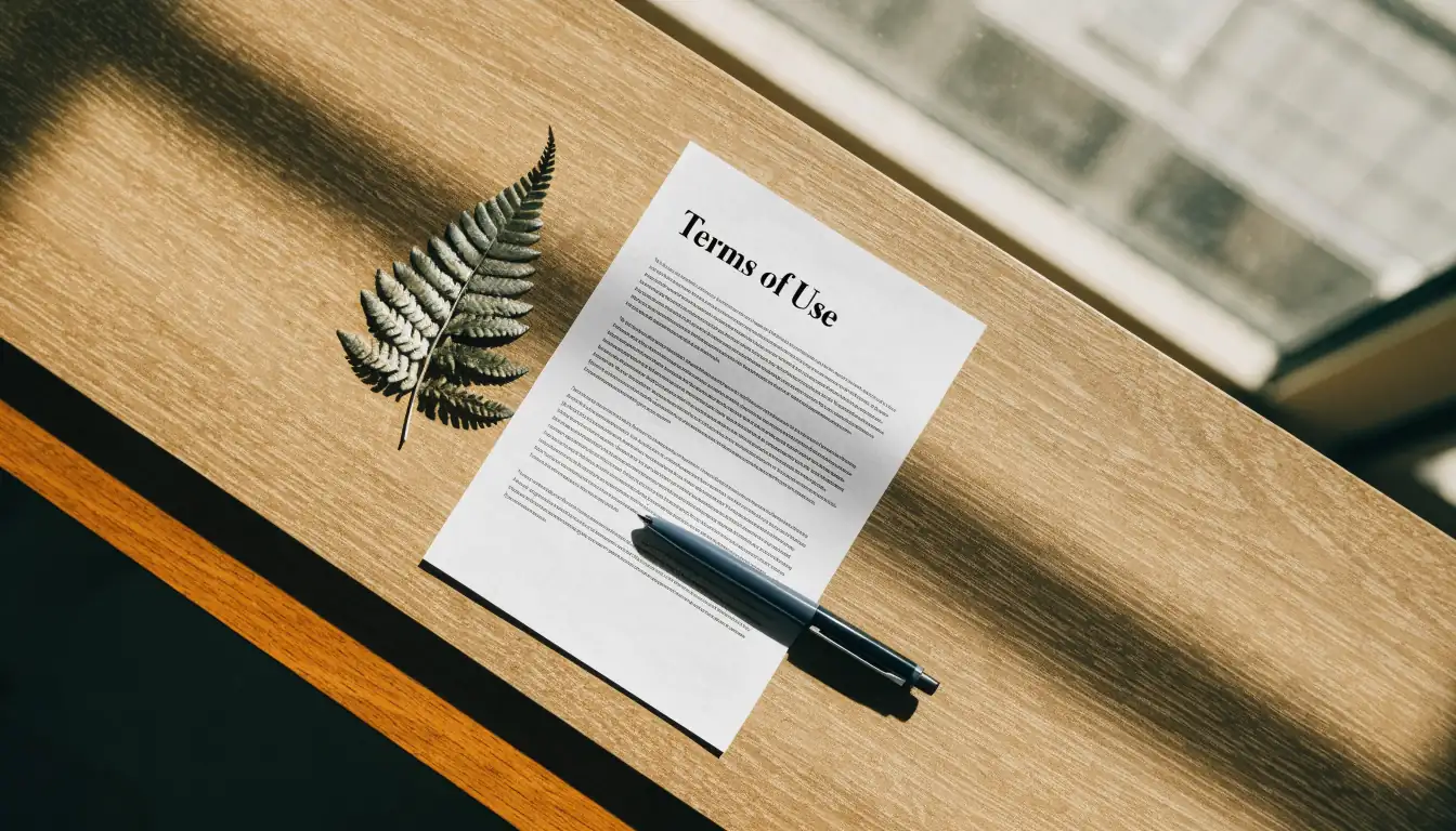 Terms of Use document with pen and silver fern on a wooden desk