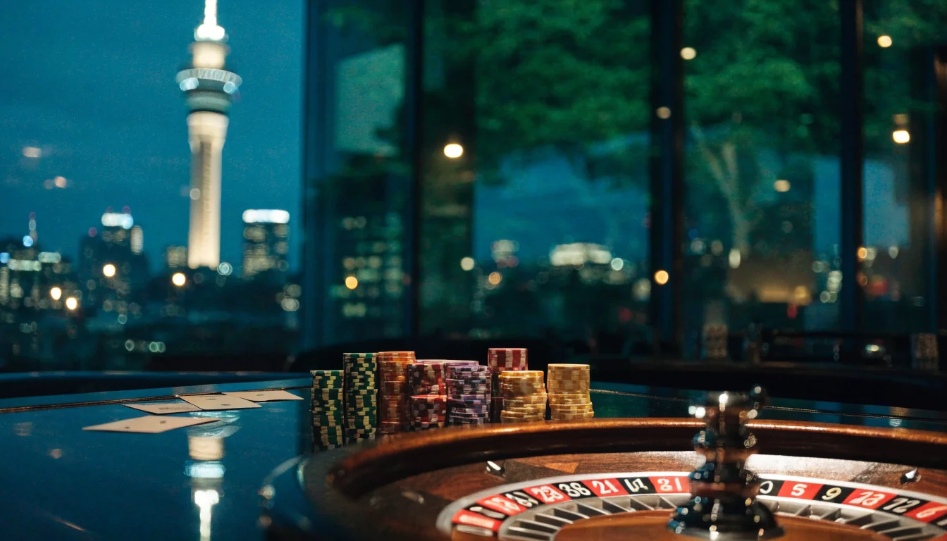 Casino table with chips and roulette wheel overlooking Auckland skyline at night