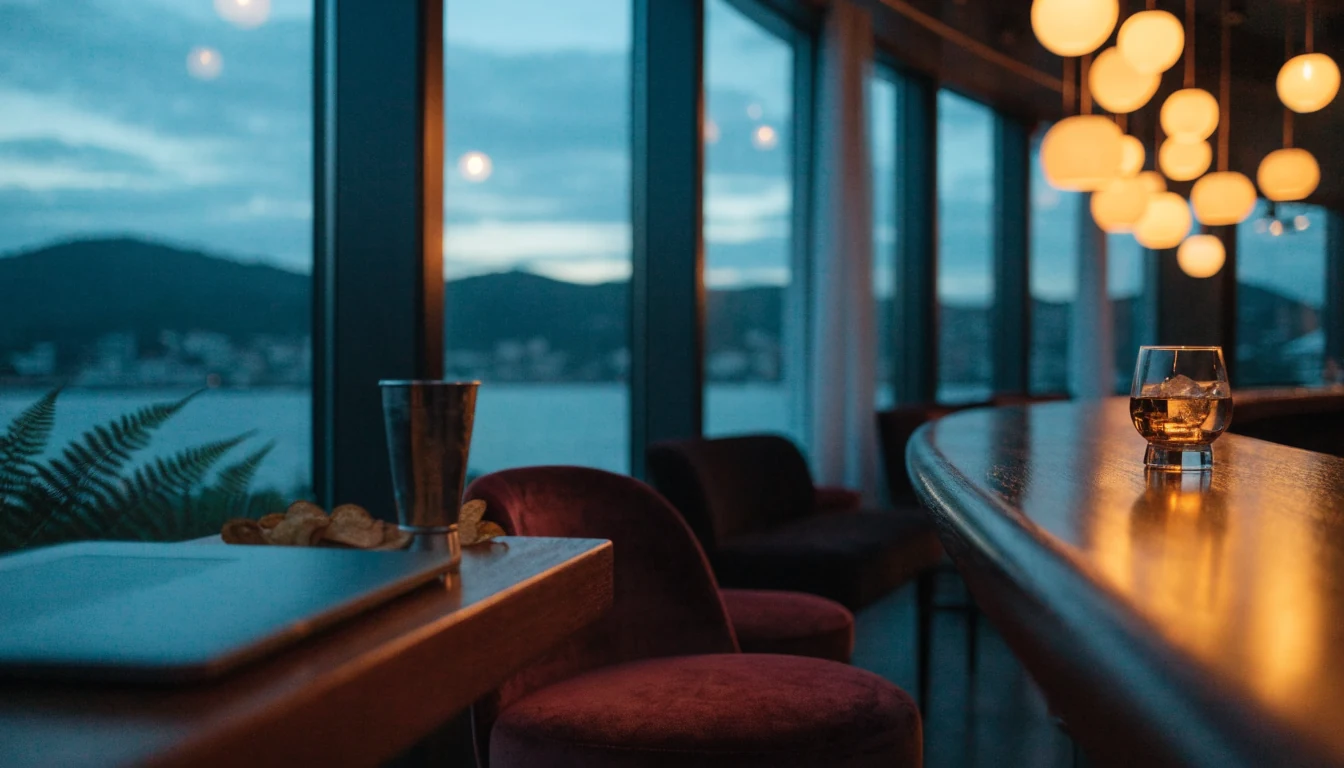 Stylish New Zealand lounge at dusk with harbour view, closed laptop and cocktail glass