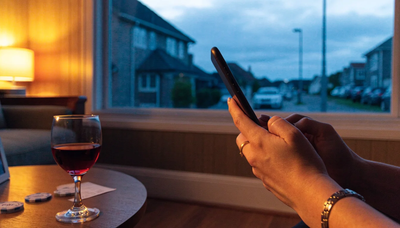 Hands holding a smartphone in a New Zealand home with poker chips on the table.