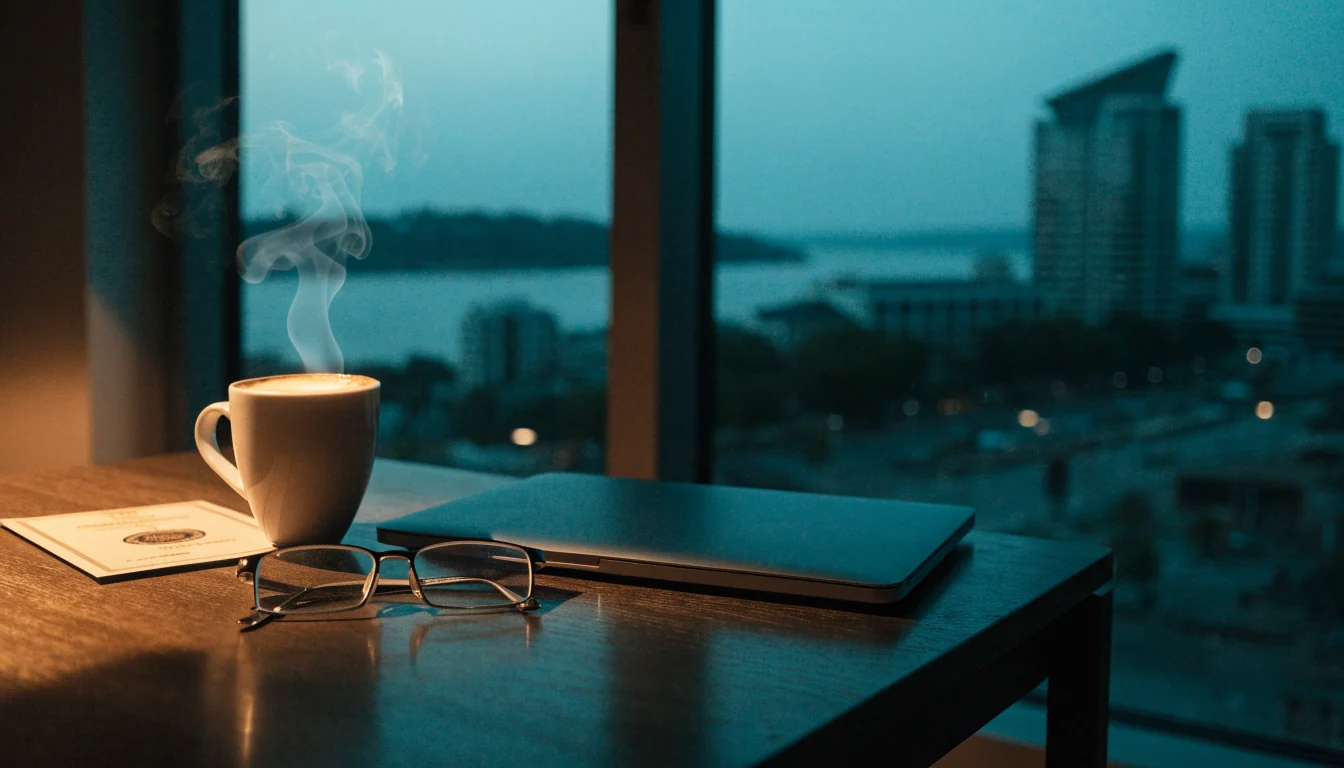 Research desk overlooking a New Zealand cityscape at dusk with a certificate and coffee
