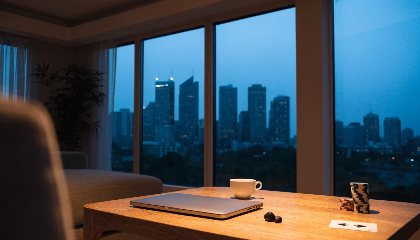Modern New Zealand apartment at dusk with closed laptop, coffee, and casino chips on table.